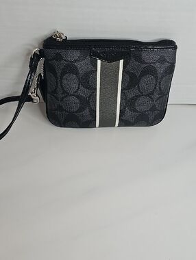 Coach Black Signature Stripe Wristlet with Ivory Trim